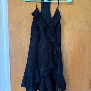 Black Lace Ruffle Wrap Dress - Women's